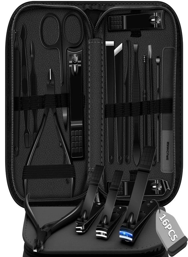 BLESWIN Manicure Set 16 In 1 Professional Stainless Steel Pedicure Kit Toenail Clippers Set Mens Grooming Kit Fingernail Kit for Women with Luxurious Travel Bag, Suitable for Home, Travel, and Salon (Black) - Image 1